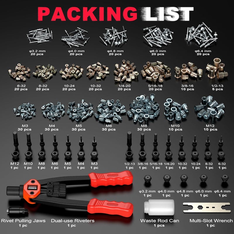 WelderElite Store Dual-Function Rivet Nut Tool Rivet Gun Kit Including 405 pcs Rivet Nuts Blind Rivets 15 Mandrels 5 Rivet Nozzles, Multi-Purpose - Image 2